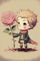 drawing of a boy surrounded by flowers. . photo