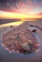 number of rocks on a beach near a body of water. . photo