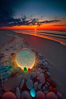 glass ball sitting on top of a sandy beach. . photo