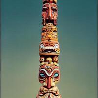 totem pole in front of a blue sky. . photo