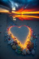 corazón hecho de rocas en un playa a puesta de sol. generativo ai. foto