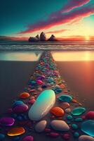 group of rocks sitting on top of a sandy beach. . photo