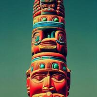 totem pole in front of a blue sky. . photo