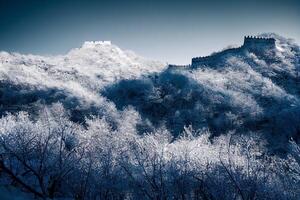 castle sitting on top of a snow covered mountain. . photo