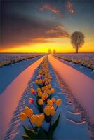 field of yellow tulips in the snow. . photo