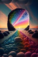 imagen de un arco iris túnel en el playa. generativo ai. foto