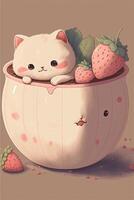 white cat sitting in a bowl of strawberries. . photo