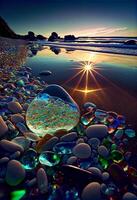 glass ball sitting on top of a sandy beach. . photo