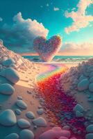 heart shaped rainbow on a sandy beach. . photo