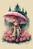 girl holding an umbrella in front of a castle. . photo