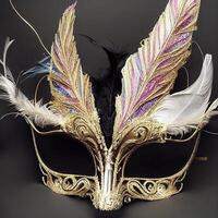 close up of a mask with feathers on a table. . photo