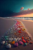 group of rocks sitting on top of a sandy beach. . photo