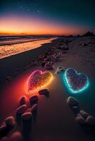 couple of hearts sitting on top of a sandy beach. . photo