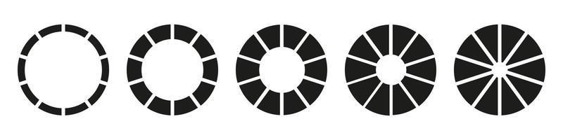 Wheels round divided in ten sections. Diagrams infographic set. Circle section graph. Pie chart icons. Donut charts or pies segmented on 10 equal parts. Geometric elements. Vector simple illustration.