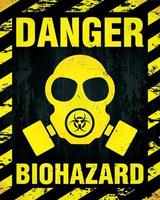 Danger Biohazard warning label sign, gas mask icon. Infected Specimen, black and yellow danger symbol with worn, scratchy and rusty textures vector