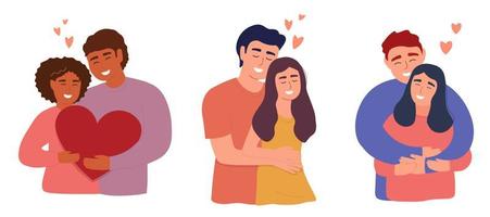 Set of characters in love. The guy and the girl gently hug, hold hearts. Vector flat graphics.