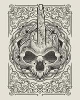 Illustration of Fuck finger skull with vintage engraving ornament in back perfect for your business and Merchandise vector