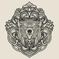 Illustration of tribal bear head with vintage engraving ornament in back perfect for your business and Merchandise vector