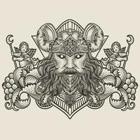ilustración de vikingo cabeza con Clásico grabado ornamento en espalda Perfecto para tu negocio y mercancías vector