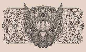 Illustration of angry viking head with vintage engraving ornament in back perfect for your business and Merchandise vector