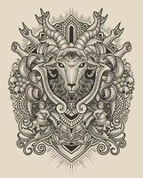 Goat head tree eyes with antique engraving ornament style good for your merchandise dan T shirt vector