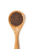 top view black mustard seed in wood spoon isolated on white background. flat lay black mustard seed in wood spoon isolated on white background. overhead black mustard seed in spoon isolated backround photo