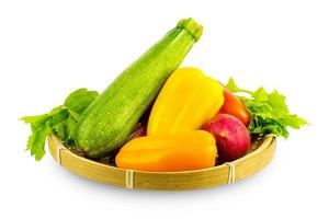 set of vegetable in basket isolated on white background. Basket filled with vegetables on white background. collection fresh vegetables in basket isolated on white background with clipping path photo