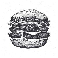 Hand drawn ink illustration of cheeseburger with cheese, tomato, onion and lettuce. Big beef burger with vegetables vector