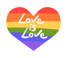 HBTQ regnbåge flagga hjärta. hand dragen stolthet månad symbol med handskriven fras kärlek är kärlek Citat. emblem, klistermärke. png bild isolerat på transparent bakgrund