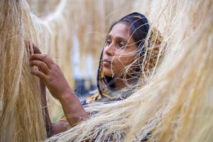 A female worker is processing the fibers from the pineapple leaves and letting them dry in the sun. Agricultural waste product. photo