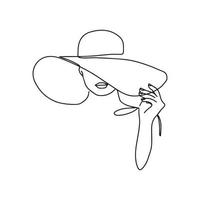 Woman in hat vector one line art. Line art. Minimalist print. Black and white. Beauty logo. Portrait of young modern woman wearing hat. Vector