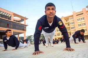 Some of the young trained soldiers are exercising on the early morning golden time. photo