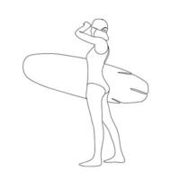 Continuous line drawing of a surfer girl with a surfboard, One line drawing of a surfer girl. Vector illustration