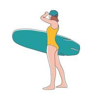 Continuous line drawing of a surfer girl with a surfboard, One line drawing of a surfer girl. Vector illustration