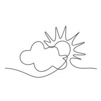 Continuous line sun cloud art. Single line sketch sunny summer. Icon cloudy sky . Vector