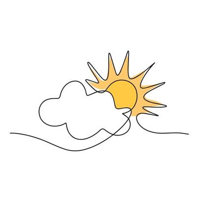 Continuous line sun cloud art. Single line sketch sunny summer. Icon cloudy sky . Vector