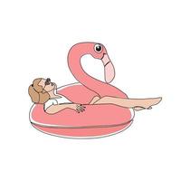 A hand-drawn vector summer illustration is a postcard with a girl sitting in a circle with a flamingo. A summer colorful element for your design. Vector illustration. Drawing with one line. Vector