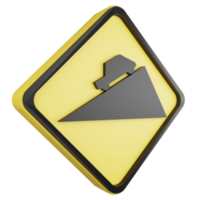 3D render dangerous slope sign icon isolated on transparent background, yellow cautionary sign png