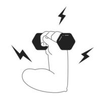 Lifting hand weight monochromatic flat vector first view hand. Dumbbell exercise. Grip with lightnings. Editable thin line icon on white. Simple bw cartoon spot image for web graphic design, animation