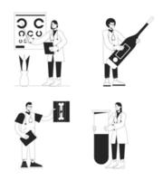 Medical services bw concept vector spot illustrations pack. Doctors diagnosis 2D flat line monochromatic cartoon characters on white for web UI design. Editable hero image for landing, mobile header