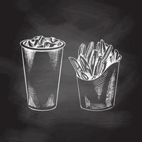 dibujado a mano blanco bosquejo de francés papas fritas caja de cartón caja, papel taza de reajuste salarial con hielo aislado en tiza antecedentes. monocromo basura comida Clásico ilustración. genial para menú, póster vector