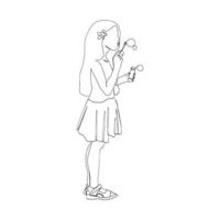 Little girl blowing soap bubbles. Vector sketch hand drawn with black lines, isolated on white background. . Vector illustration