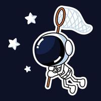 Cute Astronaut Cartoon Character Catching Stars With Net. Premium Vector Graphic Asset.