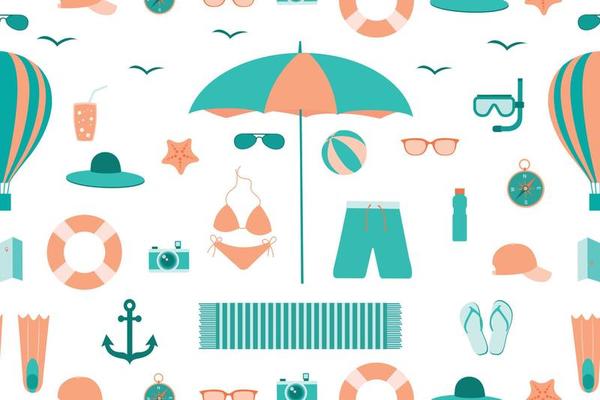 Summer seamless pattern. Accessories for sea holidays. Suitable for printing, textiles, backgrounds, wallpaper, wrapping paper, packaging.