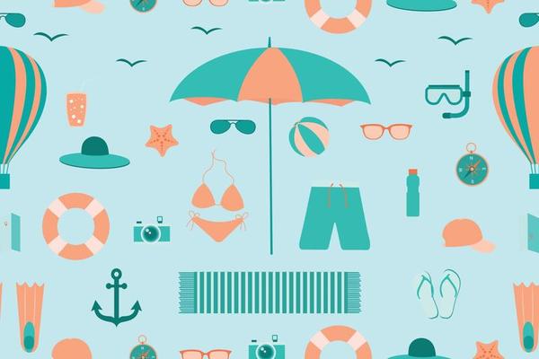 Summer seamless pattern. Accessories for sea holidays. Suitable for printing, textiles, backgrounds, wallpaper, wrapping paper, packaging.
