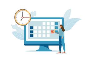 Schedule planning illustration. Characters planning work tasks, filling check list, making schedule using calendar. Business and organization concept. Vector illustration.