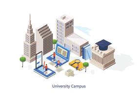 University campus in an education and higher learning.  Boys Learning Together with Smartphone, Laptop, Books. Distance Education Technology Concept. Flat Isometric Vector Illustration.