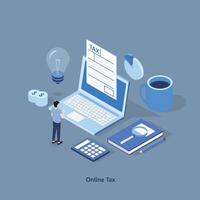 Isometric online tax payment vector illustration concept, people filling tax form, people submit digital tax via website , can use for, landing page, template, ui, web, homepage, poster, banner, flyer