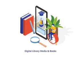 Dictionary, modern library and web archive. Literature and digital culture. Vector of people reading books using modern technology.