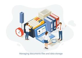 Isometric vector of office employees managing paper documents, file folders, and data storage.